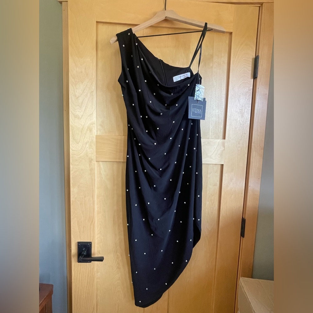 Ieena for Mac Duggal Black Rhinestone One Shoulder Asymmetrical Midi Dress